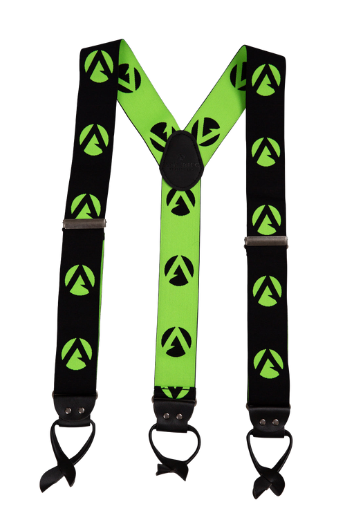 Heavy duty suspenders made by arbortec. green and black color design with steel adjusters. for use with chainsaw pants and work pants