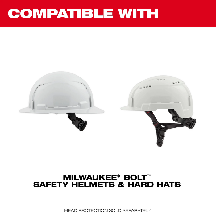 Two white safety helmets with black straps on a white background, labeled 'Milwaukee Bolt Safety Helmets & Hard Hats'.