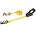 A yellow webbed ratchet strap with black metal hooks and a black manual tensioner, shown on a plain white background.