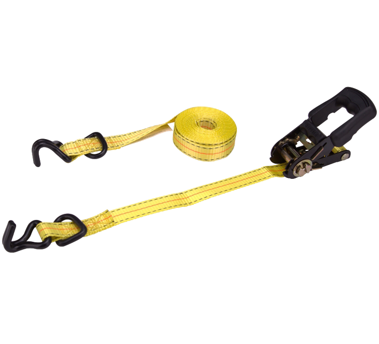 A yellow webbed ratchet strap with black metal hooks and a black manual tensioner, shown on a plain white background.