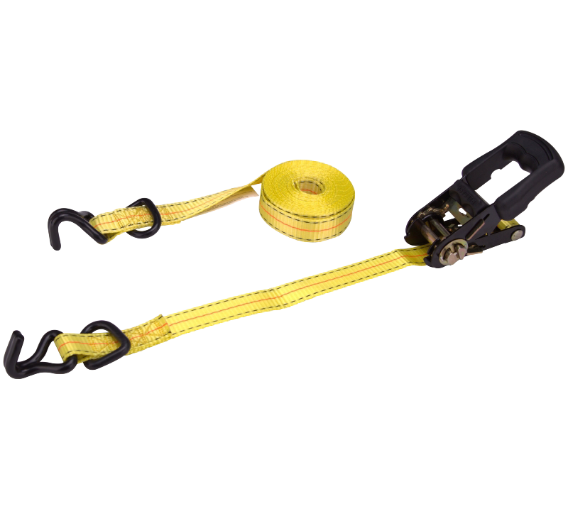 A yellow webbed ratchet strap with black metal hooks and a black manual tensioner, shown on a plain white background.