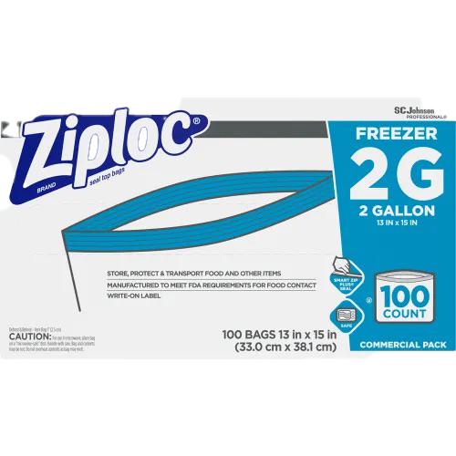 ZIPLOC Double Zipper Freezer Bags, 2 gal, 2.7 mil, 13" x 15.5", Clear, 100/Carton
