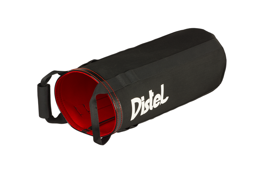 Black and red cylindrical bag with 'Distel' branding on a white background