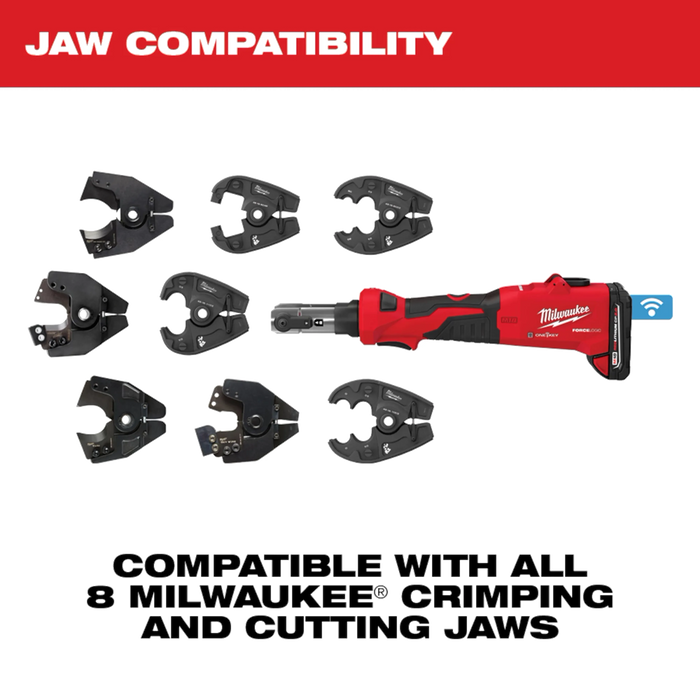 Milwaukee tool with compatibility for 8 crimping and cutting jaws on a white background