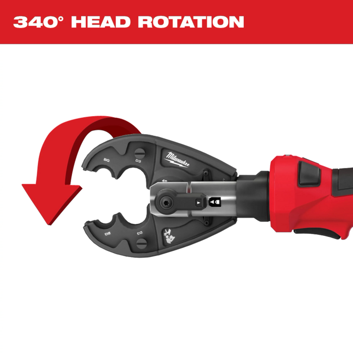 Red and black ratcheting tool with 340-degree head rotation feature on a white background.