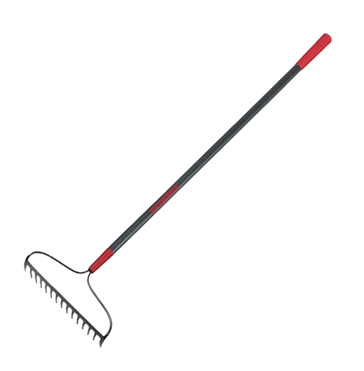 Garden rake with red handle on a white background