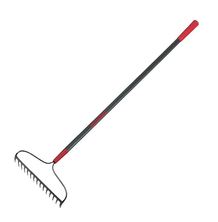 Garden rake with red handle on a white background