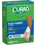 A box of Curad Flex-Fabric Bandage 4-sided seal bandages, showing a graphic of a beige bandage with a white insert on a green and blue background.