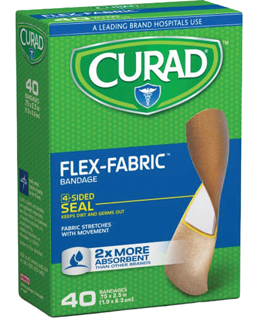 A box of Curad Flex-Fabric Bandage 4-sided seal bandages, showing a graphic of a beige bandage with a white insert on a green and blue background.