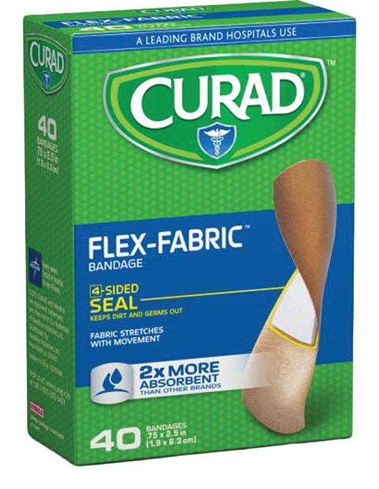 A box of Curad Flex-Fabric Bandage 4-sided seal bandages, showing a graphic of a beige bandage with a white insert on a green and blue background.