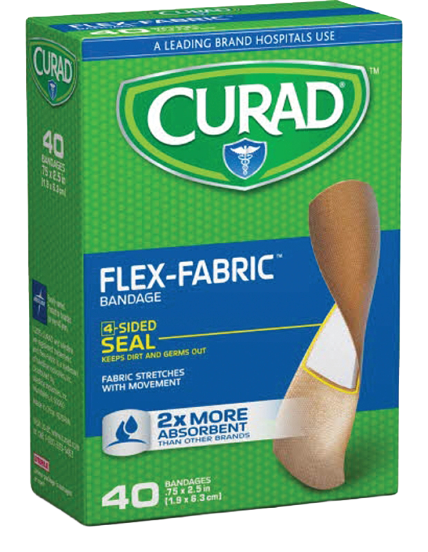 A box of Curad Flex-Fabric Bandage 4-sided seal bandages, showing a graphic of a beige bandage with a white insert on a green and blue background.
