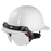 White hard hat with a black chin strap on a white background