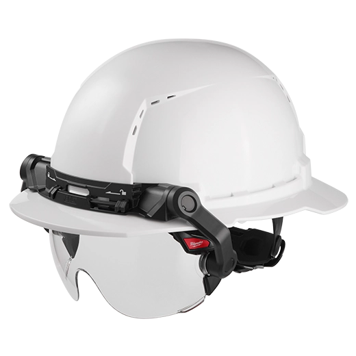White hard hat with a black chin strap on a white background