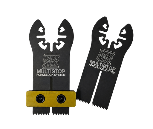 Hack Shop Multistop Forgelock System shown with two black metal blade components and a gold-colored anodized base with two black screws, on a solid white background.