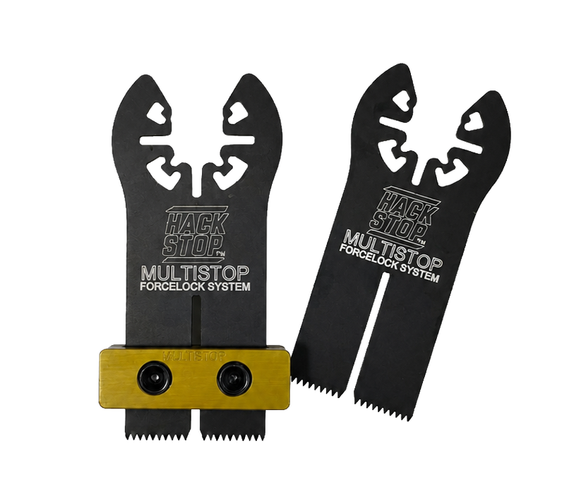 Hack Shop Multistop Forgelock System shown with two black metal blade components and a gold-colored anodized base with two black screws, on a solid white background.