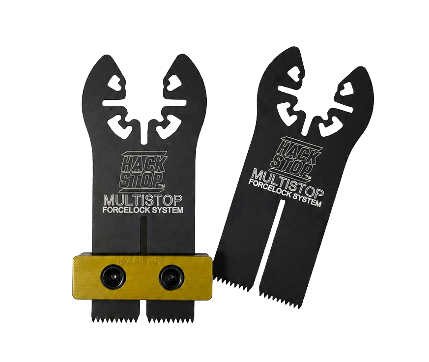 Hack Shop Multistop Forgelock System shown with two black metal blade components and a gold-colored anodized base with two black screws, on a solid white background.