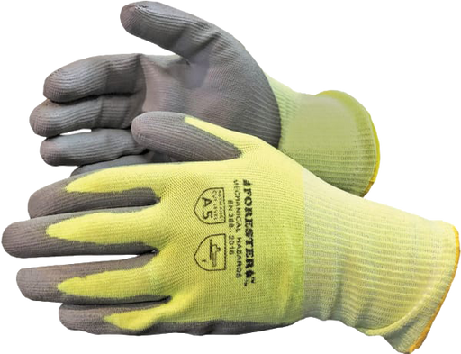Pair of gloves with gray and yellow color scheme on a white background