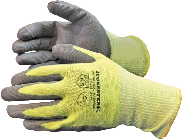 Pair of gloves with gray and yellow color scheme on a white background