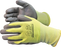 Pair of gloves with gray and yellow color scheme on a white background