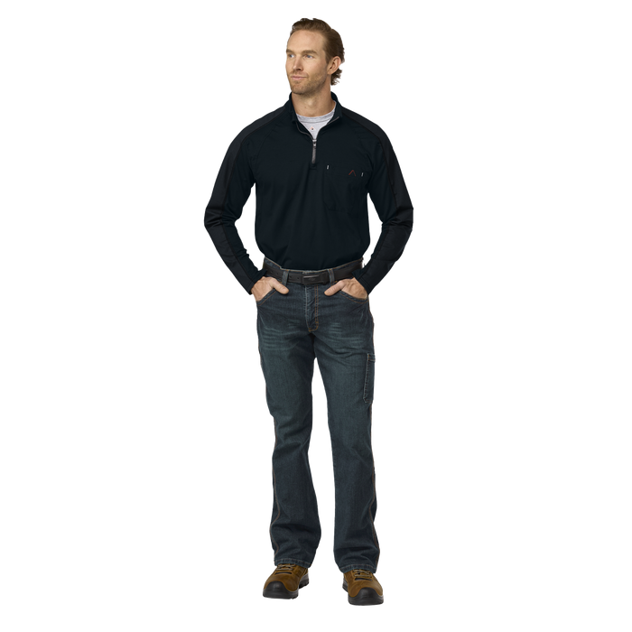 Man wearing a black long-sleeve shirt and blue jeans on a white background