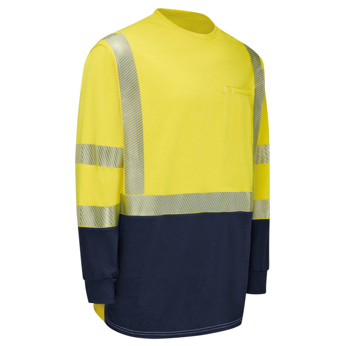 Yellow and navy long-sleeve shirt with reflective stripes on a white background