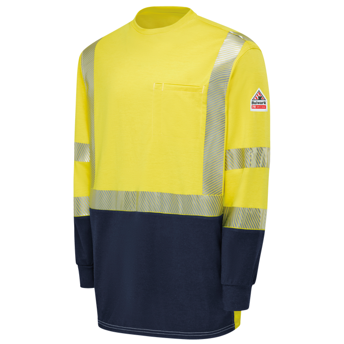 Yellow and navy long-sleeve shirt with reflective stripes on a white background