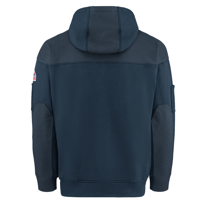 Navy blue hoodie with a small flag patch on the back, displayed on a white background.