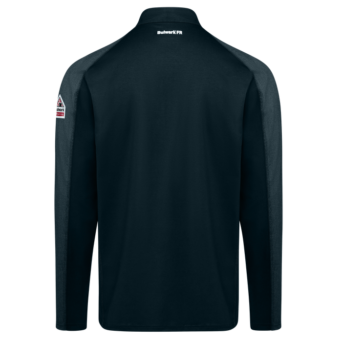 Black long-sleeve shirt with brand logo on the back against a white background