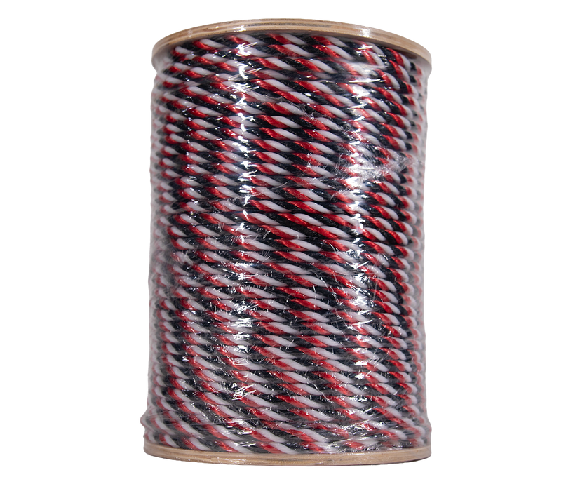 Spool of black, red, and white rope on a white background