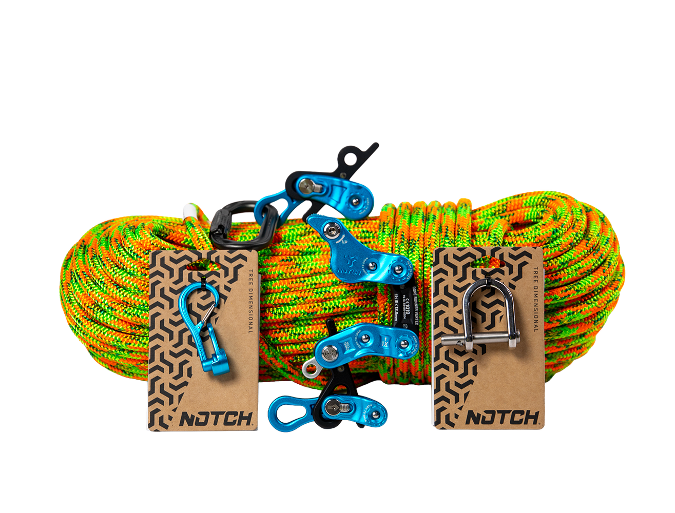 Notch Rope Runner Vertec mechanical climbing device with tool-free friction adjustment; Rope Runner Vertec kit contents with Teufelberger Gravity 200 ft rope, MagneatO, and Quickie; Notch Aeris friction body kit pulley upgrade
