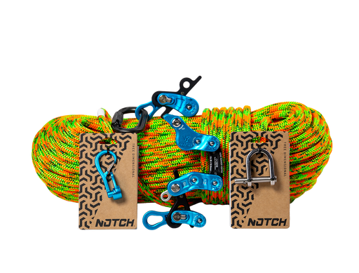 Notch Rope Runner Vertec mechanical climbing device with tool-free friction adjustment; Rope Runner Vertec kit contents with Teufelberger Gravity 200 ft rope, MagneatO, and Quickie; Notch Aeris friction body kit pulley upgrade
