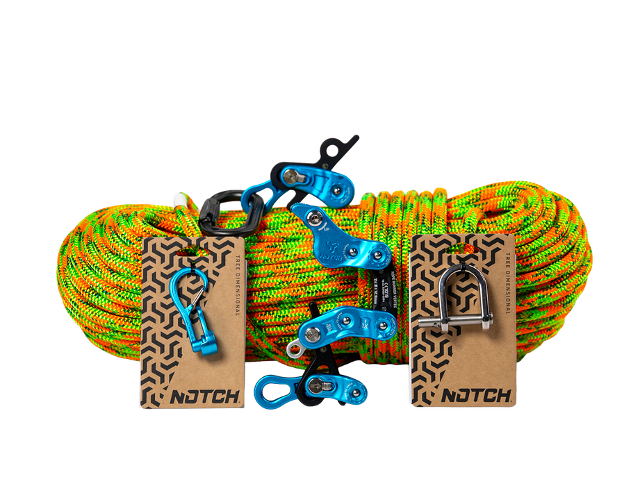Notch Rope Runner Vertec mechanical climbing device with tool-free friction adjustment; Rope Runner Vertec kit contents with Teufelberger Gravity 200 ft rope, MagneatO, and Quickie; Notch Aeris friction body kit pulley upgrade
