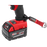Milwaukee cordless drill battery with a red and black handle, attached to a red webbed safety strap with a metal hook, on a white background.