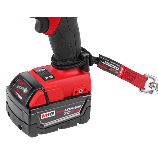 Milwaukee cordless drill battery with a red and black handle, attached to a red webbed safety strap with a metal hook, on a white background.
