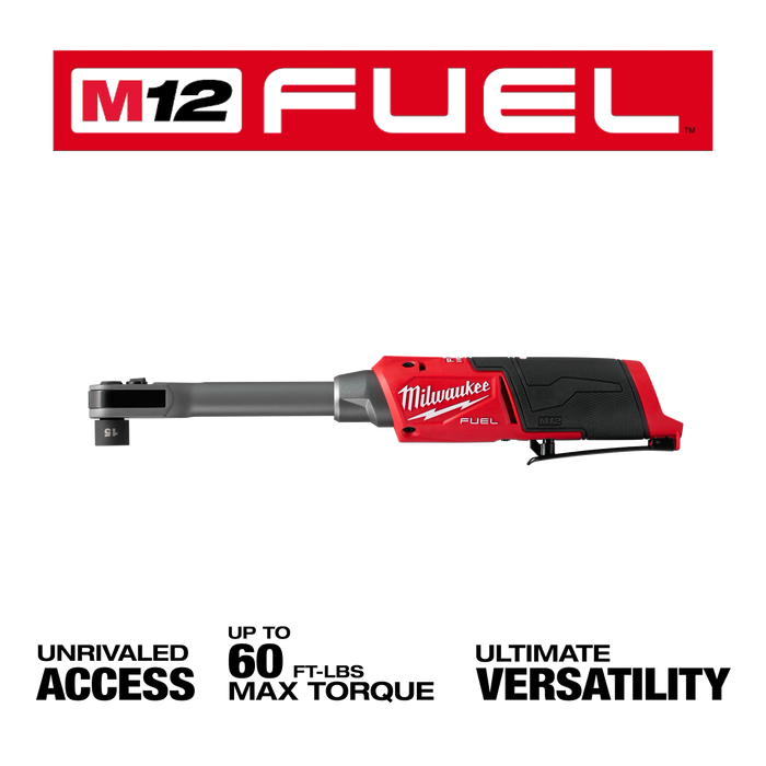 Milwaukee M12 FUEL tool with branding and feature text on a white background