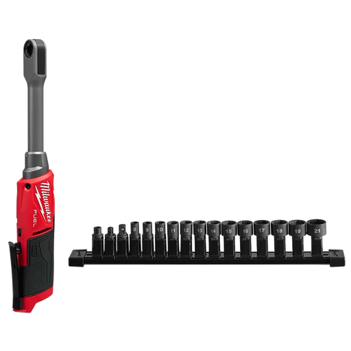 Milwaukee tool with ratchet and socket set on a white background