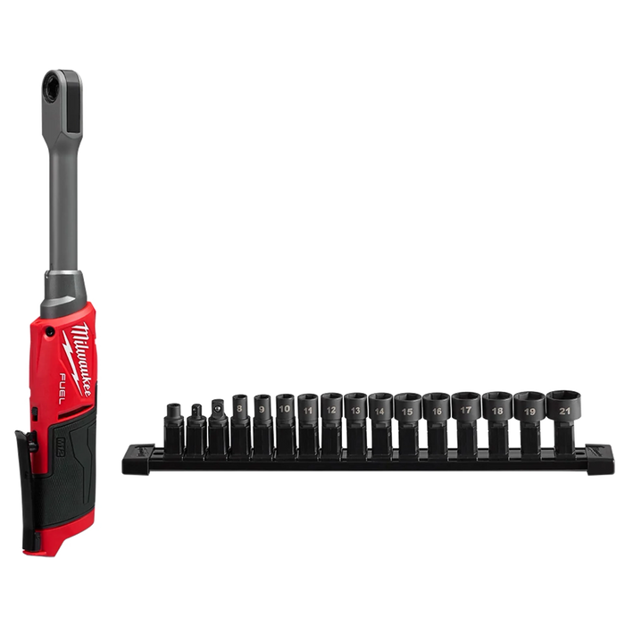 Milwaukee tool with ratchet and socket set on a white background