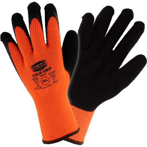 Pair of orange and black gloves with 'Cold Grip' text on a white background