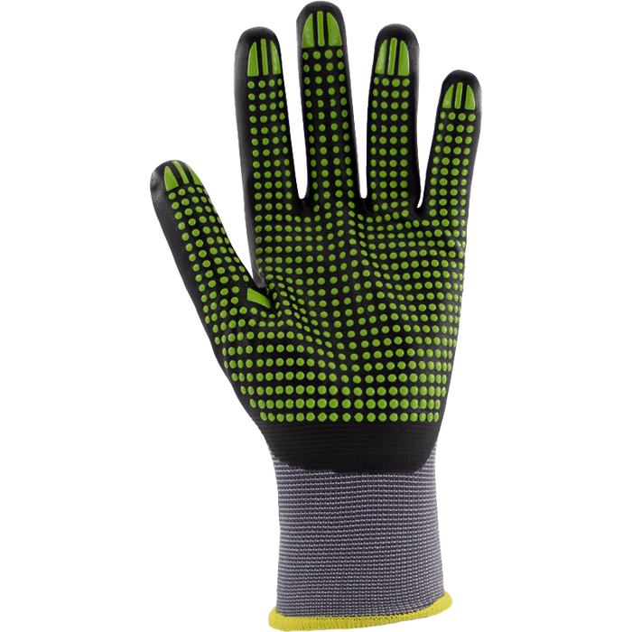 Black and green glove with textured palm on a white background