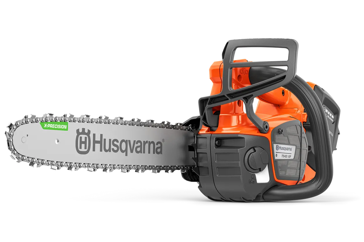 Side view of the Husky T542i XP battery powered chainsaw with tope handle