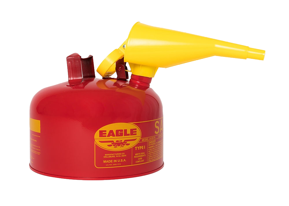 Red fuel canister with yellow funnel on a white background