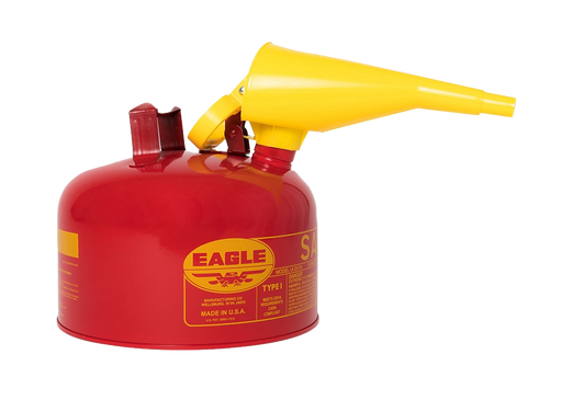 Red fuel canister with yellow funnel on a white background