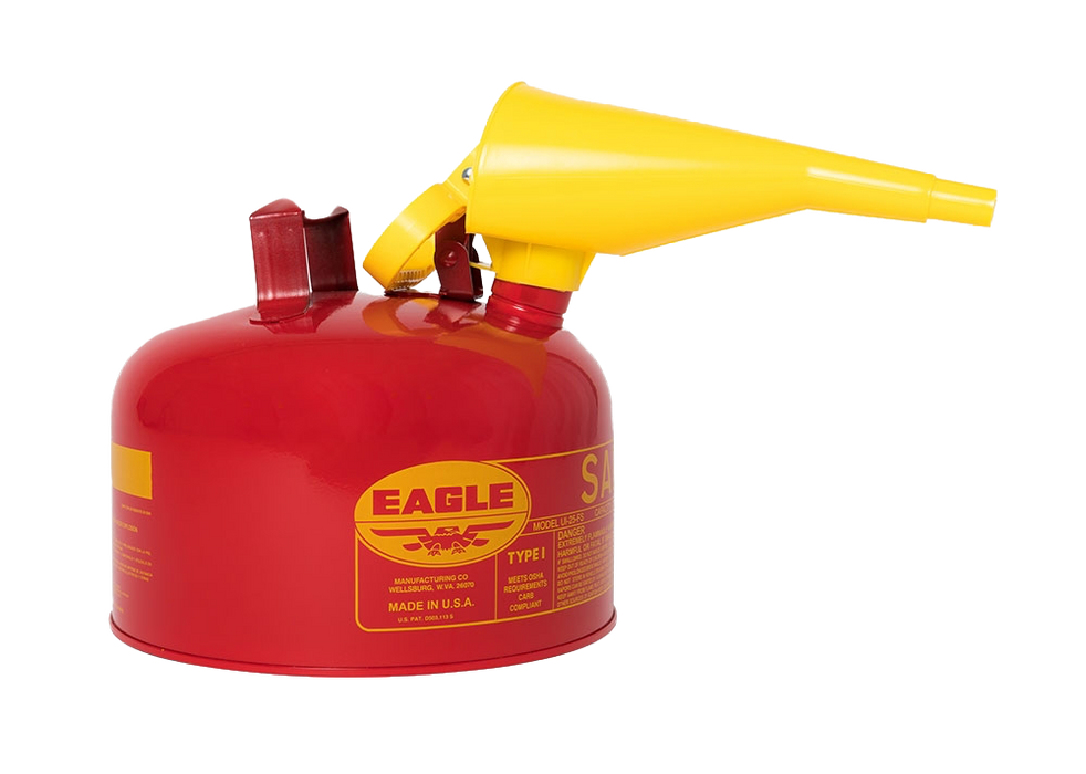 Red fuel canister with yellow funnel on a white background