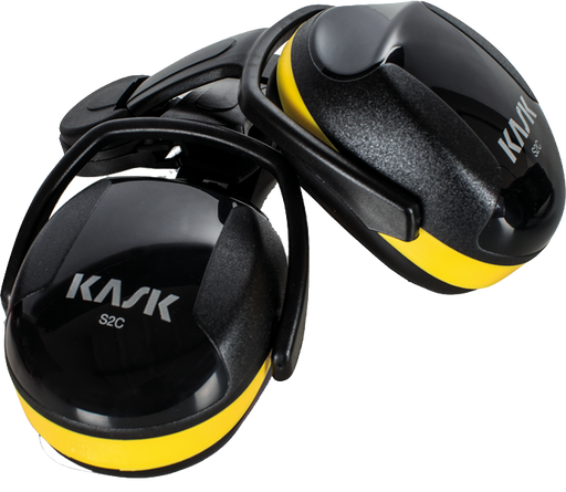 A pair of Kask S2C ear muffs in black and yellow, shown on a clean white background.
