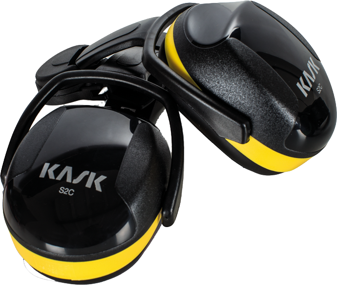 A pair of Kask S2C ear muffs in black and yellow, shown on a clean white background.