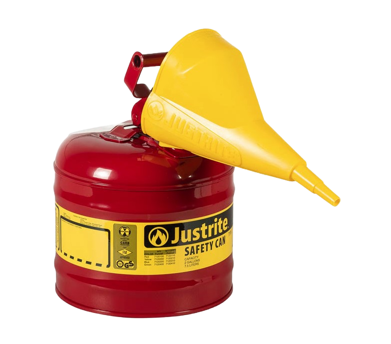 Justrite Type I Safety Gas Can 2 Gallon Red Steel OSHA NFPA FM UL